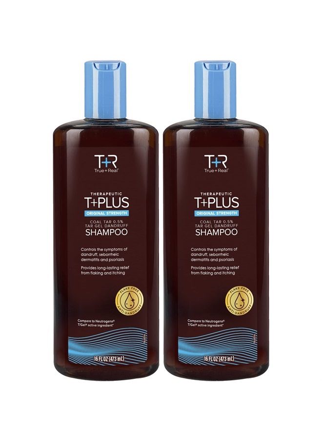 True+Real شامبو ثيرابيوتيك بلس تار جل المضاد للقشرة بقوة أصلية 0.5% قطران الفحم، 16 أونصة سائلة، عبوة من قطعتين - Image 1