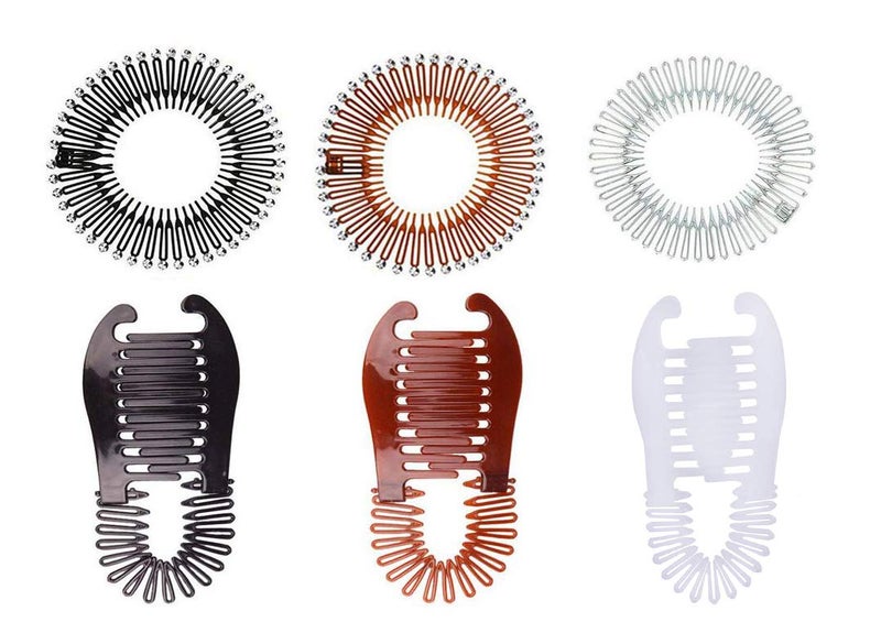 Set of 6 Women Lady Stretch Flexible Hair Combs Headband Interlocking Banana Clip Clincher Elongated Ponytail Holder and Full Circle Hair Comb Hair Hoop Hair Clip Spring Head Band with Deep Teeth