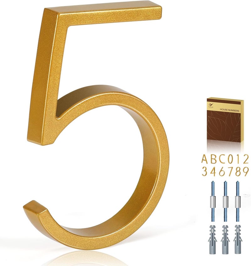 YIPLED 5 Inch House Numbers for Outside, Metal Address Number 5 - Modern Design, Weather-Resistant Gold Powder Coated Finish, No Fading (Gold) - Image 1