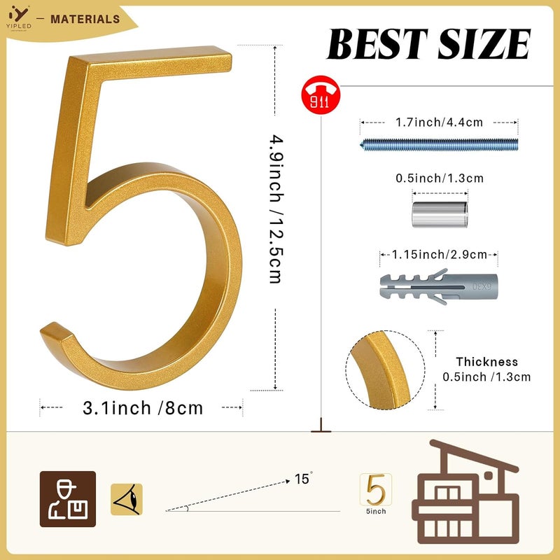 YIPLED 5 Inch House Numbers for Outside, Metal Address Number 5 - Modern Design, Weather-Resistant Gold Powder Coated Finish, No Fading (Gold) - Image 3