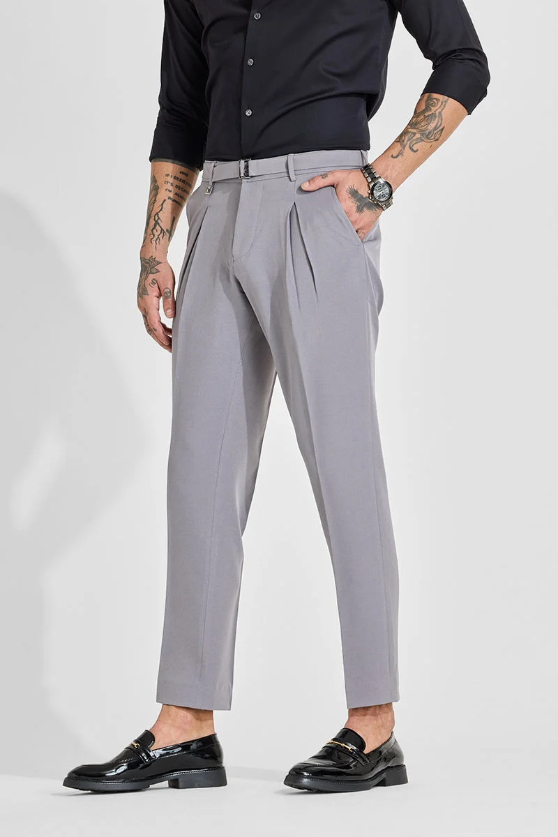 SNITCH Light Grey Light Grey Solid Slim Fit Formal Trousers for Men | Best Price UAE