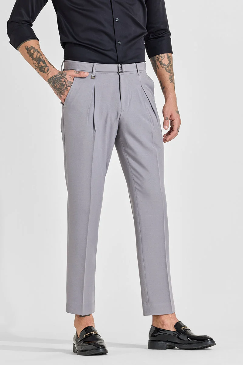 SNITCH Light Grey Light Grey Solid Slim Fit Formal Trousers for Men | Best Price UAE