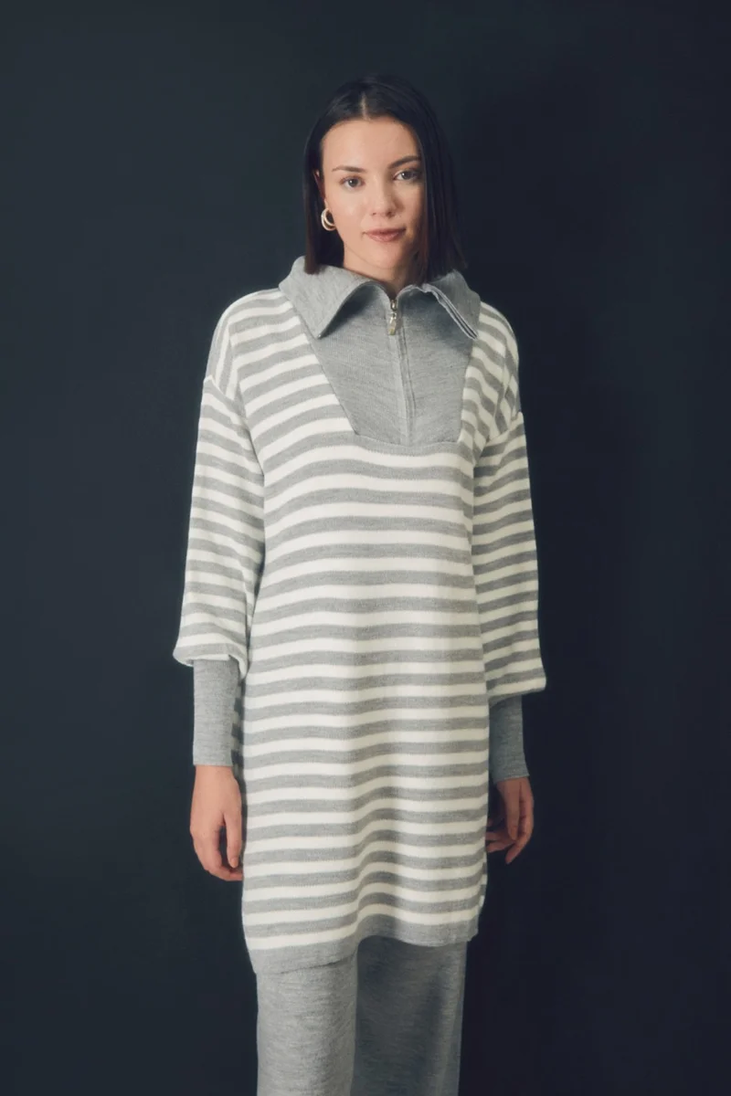 FullaModa Striped Half Zipper Knitwear Set