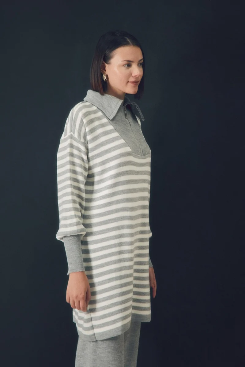 FullaModa Striped Half Zipper Knitwear Set