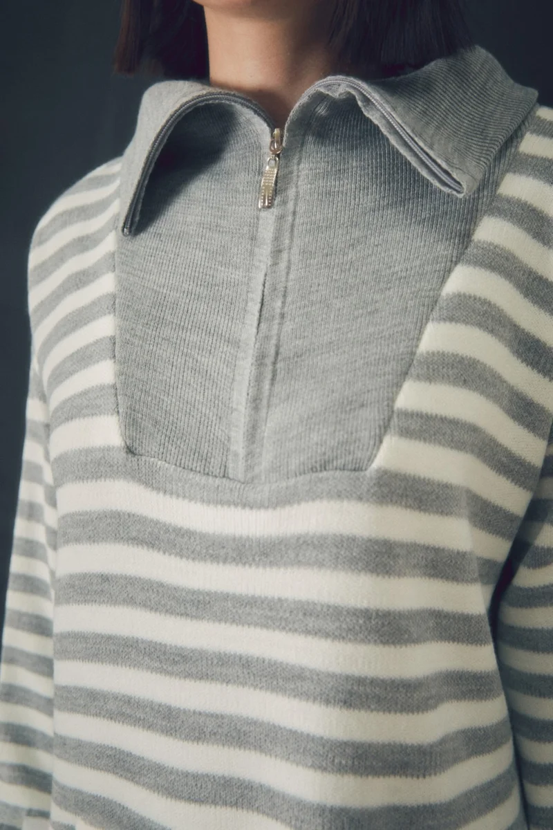 FullaModa Striped Half Zipper Knitwear Set