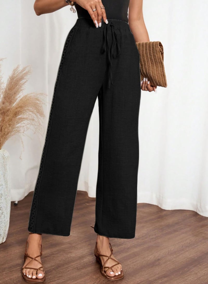 Acelitt Women Casual Linen Pants Drawstring Elastic Waist Fall Fashion 2026 Beach Capri Pants Trousers with Pockets Black Large - Image 3