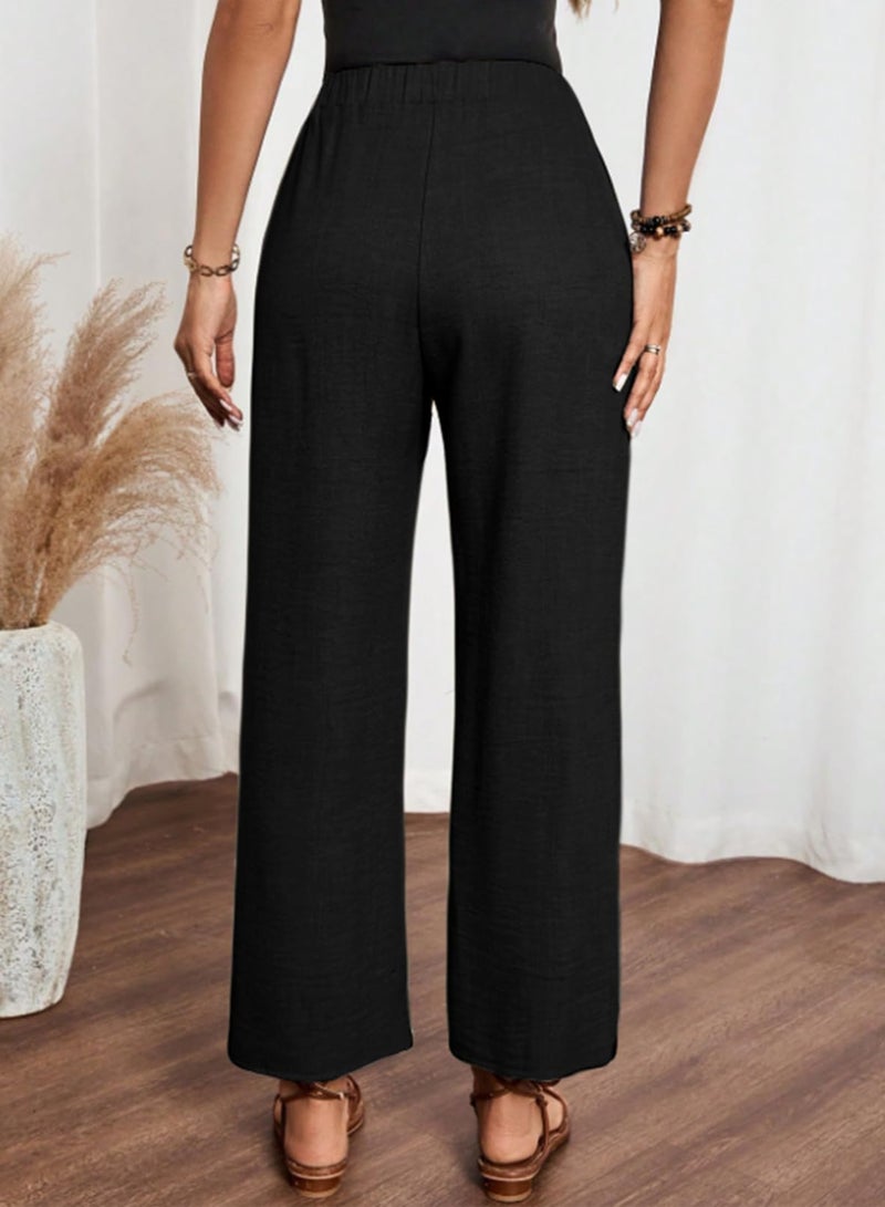 Acelitt Women Casual Linen Pants Drawstring Elastic Waist Fall Fashion 2026 Beach Capri Pants Trousers with Pockets Black Large - Image 4