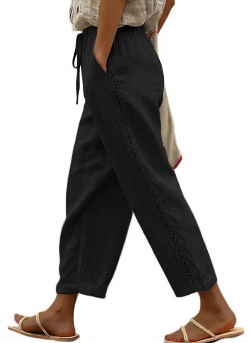 Acelitt Women Casual Linen Pants Drawstring Elastic Waist Fall Fashion 2026 Beach Capri Pants Trousers with Pockets Black Large - Image 1