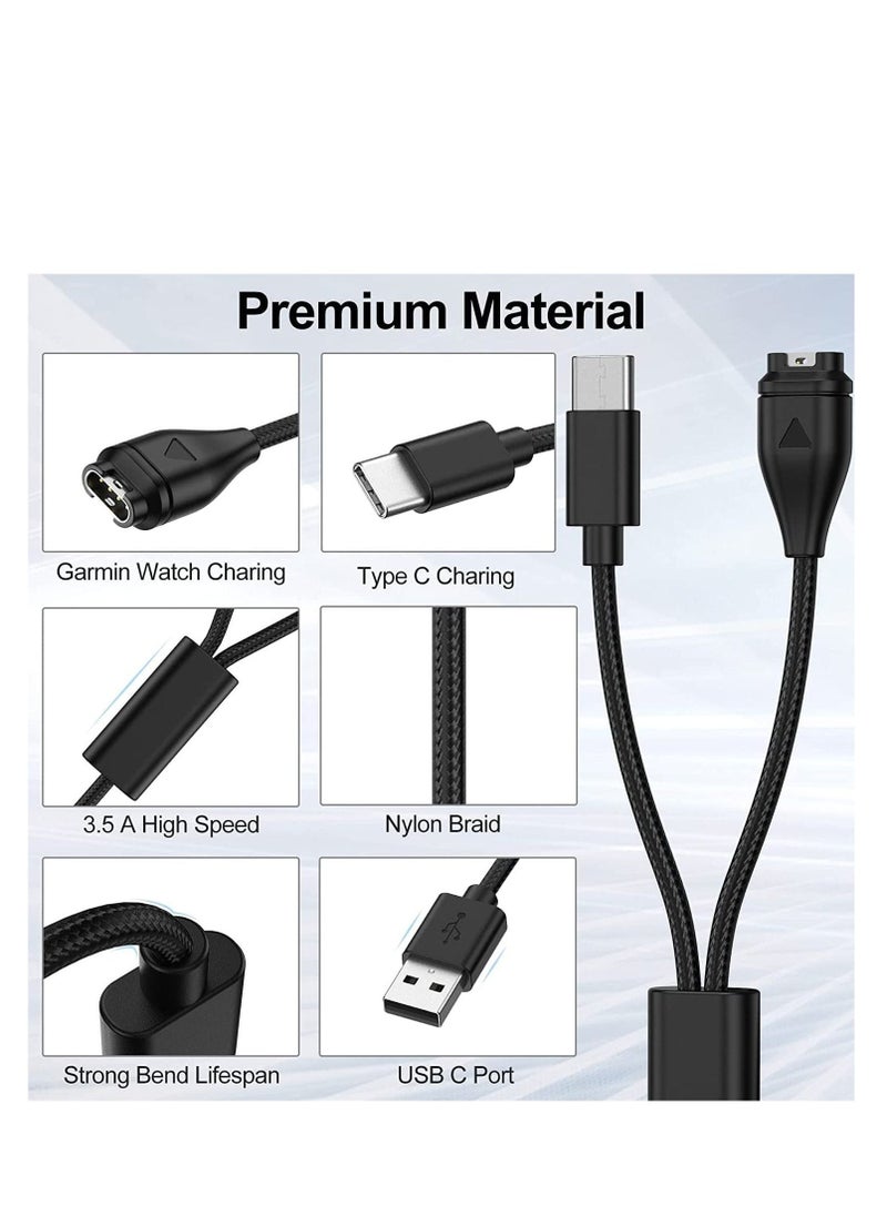Generic - Charger Cable 2 in 1 Compatible for Garmin Vivoactive 3 4 4S Fenix 7 7S 7X 6 6S 6X Venu Plus Sq Forerunner 55 45 Instinct Type C Charging Cord Smartphone 120cm - Image 1