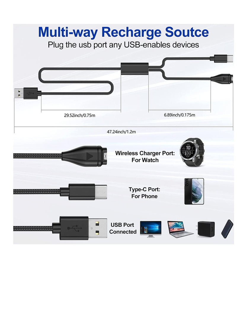 Generic - Charger Cable 2 in 1 Compatible for Garmin Vivoactive 3 4 4S Fenix 7 7S 7X 6 6S 6X Venu Plus Sq Forerunner 55 45 Instinct Type C Charging Cord Smartphone 120cm - Image 1