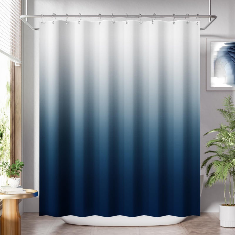 AmazerBath Shower Curtain, Cloth Ombre Blue Curtain Set with 12 Hooks, Washable Fabric Navy and White Curtain, Rustic Farmhouse Bathroom, 72x72 Inches - Image 1