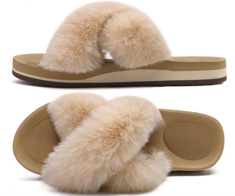 COFACE Womens Fuzzy Slides Fluff Fax Fur Cross Slippers Open Toe Yoga Mat House Slipper Sandals With Arch Support For Indoor/Outdoor - Image 1