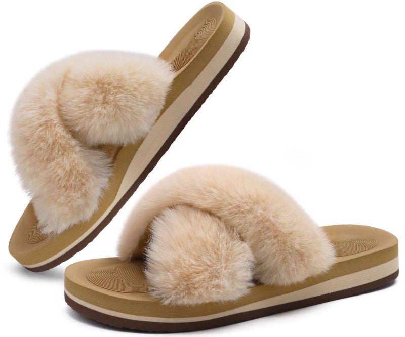 COFACE Womens Fuzzy Slides Fluff Fax Fur Cross Slippers Open Toe Yoga Mat House Slipper Sandals With Arch Support For Indoor/Outdoor - Image 2