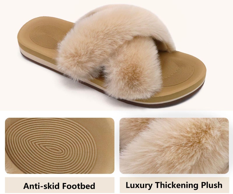 COFACE Womens Fuzzy Slides Fluff Fax Fur Cross Slippers Open Toe Yoga Mat House Slipper Sandals With Arch Support For Indoor/Outdoor - Image 4