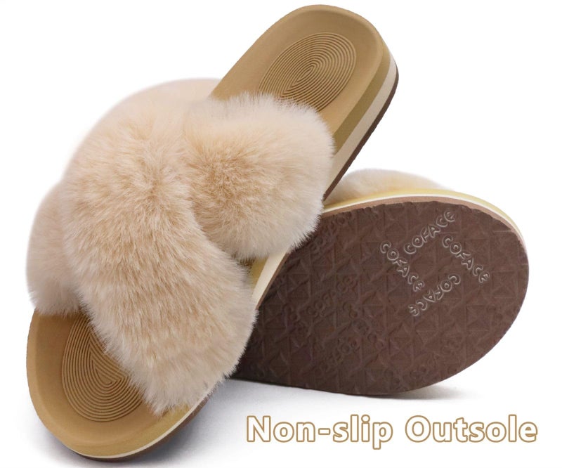 COFACE Womens Fuzzy Slides Fluff Fax Fur Cross Slippers Open Toe Yoga Mat House Slipper Sandals With Arch Support For Indoor/Outdoor - Image 3