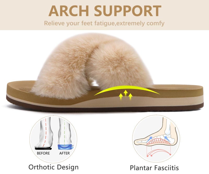 COFACE Womens Fuzzy Slides Fluff Fax Fur Cross Slippers Open Toe Yoga Mat House Slipper Sandals With Arch Support For Indoor/Outdoor - Image 5