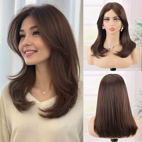 Creamily Chestnut Brown 16" Full Head Hair Wig for Women,Synthetic Short Hair Wigs for Women,Natural Looking Wigs for Diwali/Daily/Party (Chestnut Brown) - Image 1