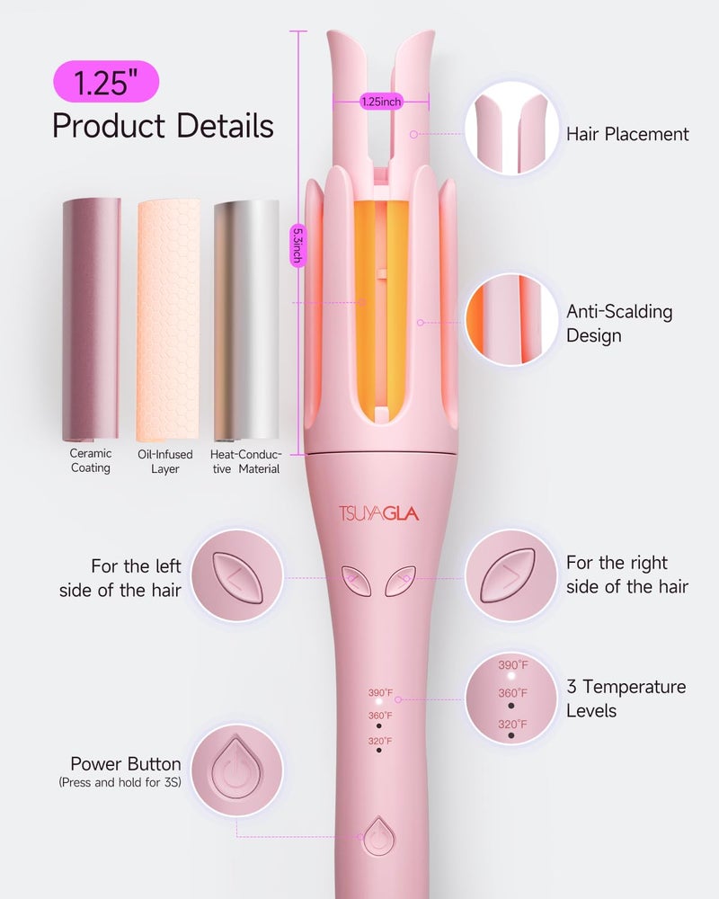 TSUYAGLA Automatic Curling Iron,1 1/4 inch Hair Curler with 3 Temperatures, 10S Fast Heating, 2-Way Rotation, 30 Min Auto Shut-Off, 500 Million Ionic, Anti-Scald-Tangle for Long Hair - Image 5