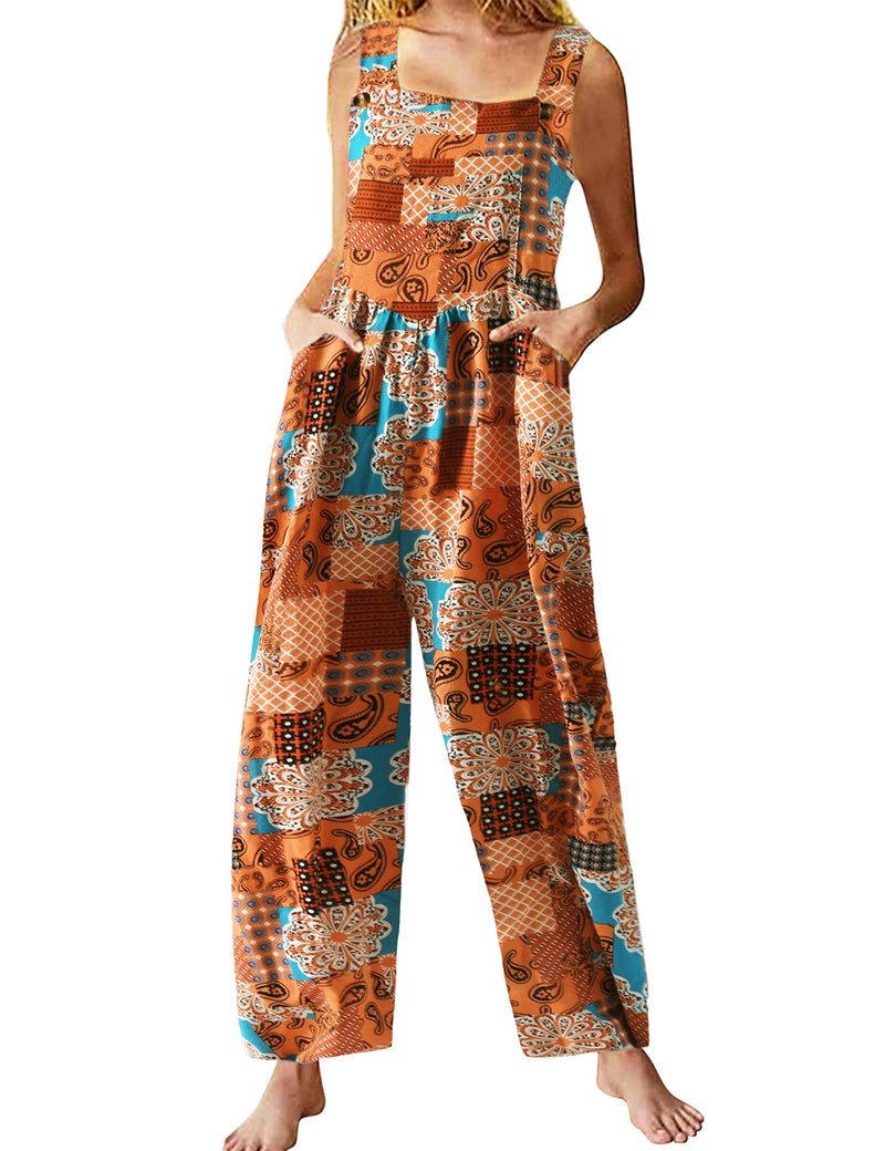 Himosyber Women's Patchwork Dual Pocket Jumpsuit Loose Floral Print Bohemian Wide Leg Bib Overall (Coral-XL) - Image 1