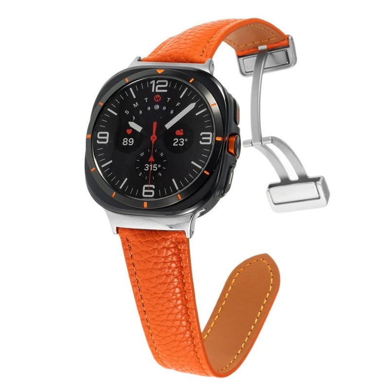 AD سوار ساعة ذكية سوار جلدي كلاسيكي متوافق مع Samsung Galaxy Watch Ultra بملاءمة قابلة للتعديل وحزام بديل للاستخدام اليومي باللون برتقالي قابل للتعديل - Image 1