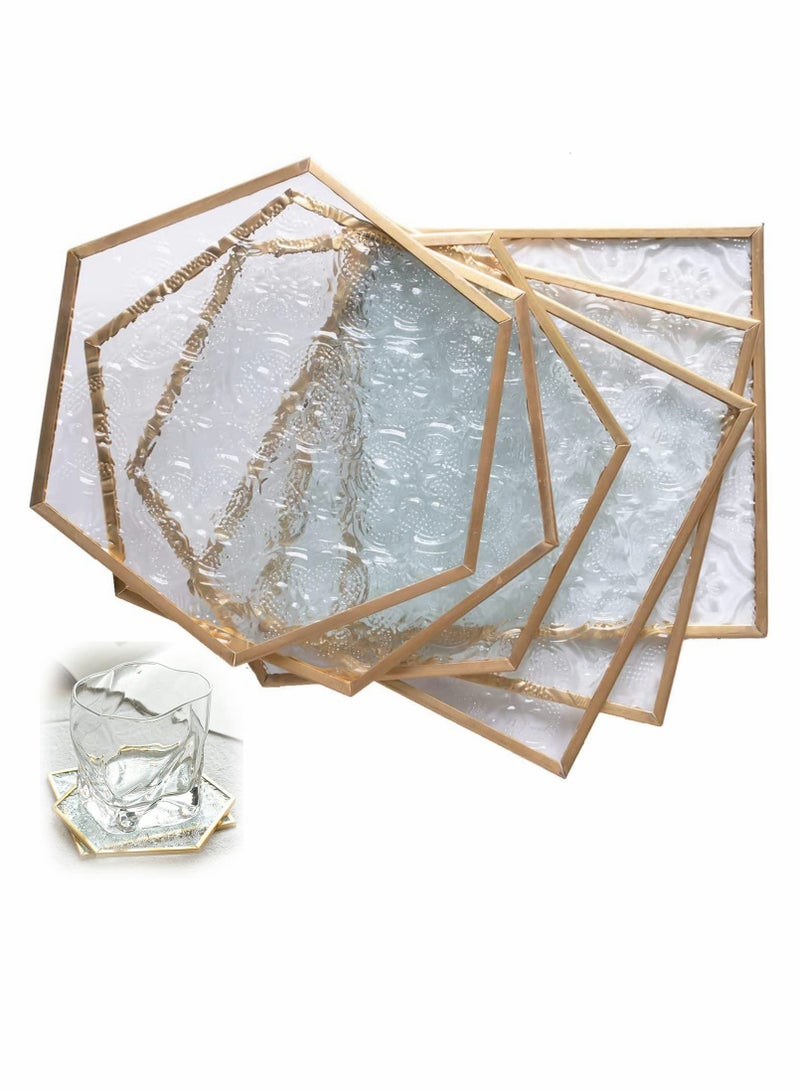 Excefore Coaster, Glass Gold Coasters for Drinks, 6 Pcs Coaster Set with Carved Glass Stylish Cup Coaster Set - Image 1