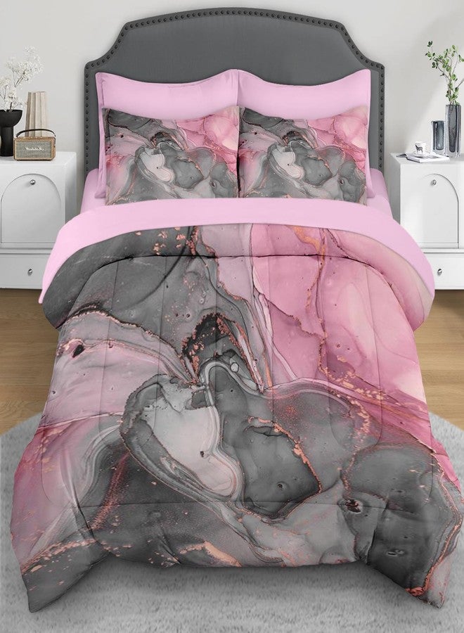 Nesphy Gray Pink Marble 7 Pcs Comforter Set Full Size, Natural Luxury Golden Abstract Soft Bedding Set with Flat Sheet and Fitted Sheet Pillowcases & Sham for Adults Bedroom Bed Decor - Image 1
