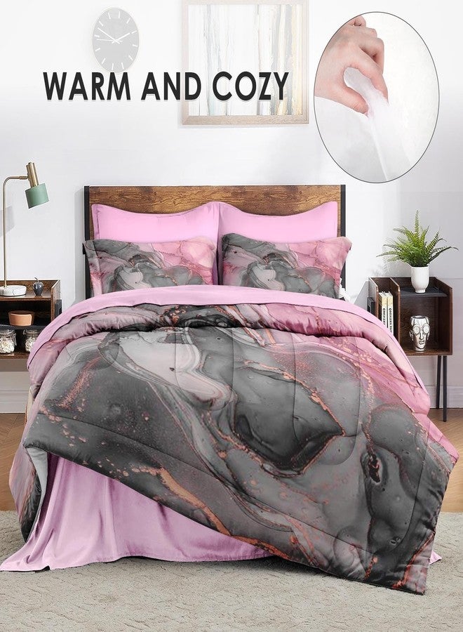 Nesphy Gray Pink Marble 7 Pcs Comforter Set Full Size, Natural Luxury Golden Abstract Soft Bedding Set with Flat Sheet and Fitted Sheet Pillowcases & Sham for Adults Bedroom Bed Decor - Image 4