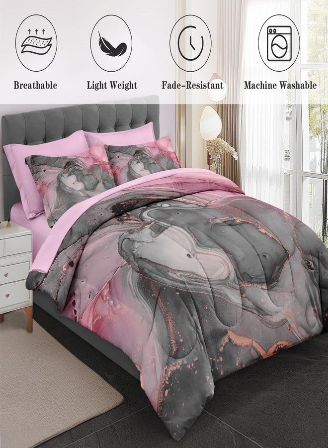 Nesphy Gray Pink Marble 7 Pcs Comforter Set Full Size, Natural Luxury Golden Abstract Soft Bedding Set with Flat Sheet and Fitted Sheet Pillowcases & Sham for Adults Bedroom Bed Decor - Image 3