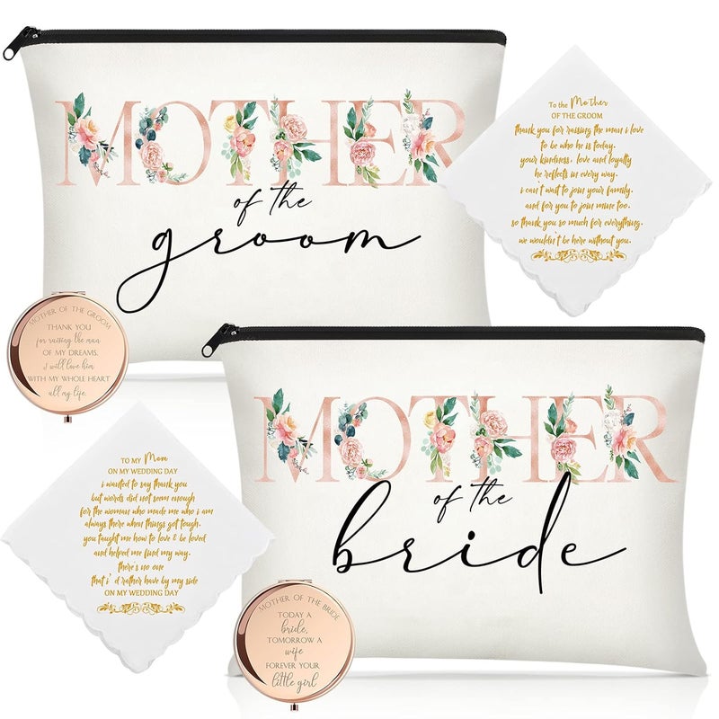 Coume 6 Pack Mother of The Bride Gift Mother of The Groom Cosmetic Bag Wedding Makeup Mirror Mom Handkerchief Bridal Shower Bachelorette Gifts for Mom in Law Engagement Favor