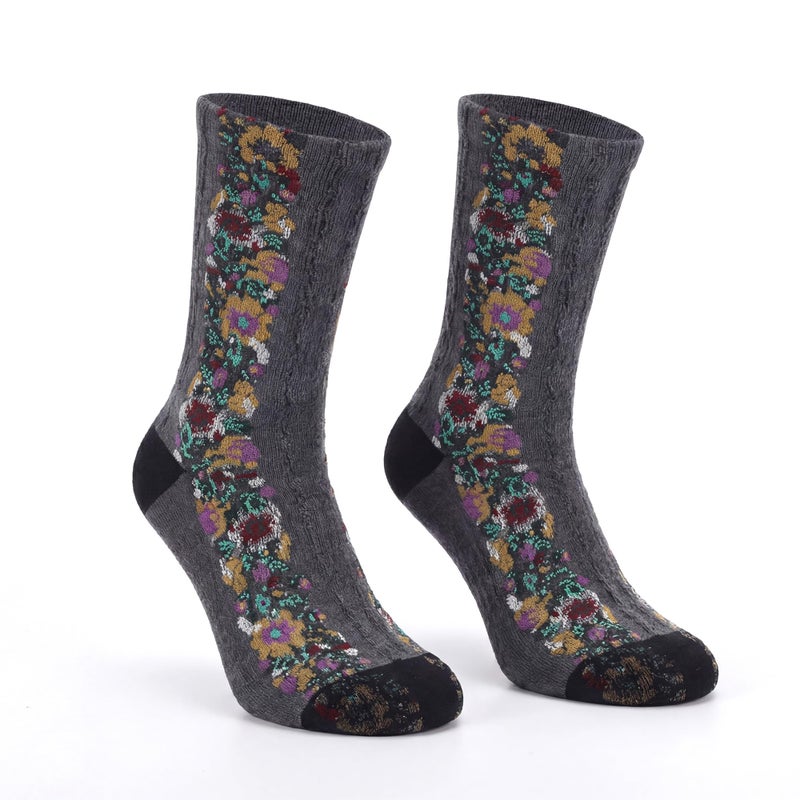 jecvxor 5 Pairs Women's Floral Design Vintage Crew Socks Ethnic Jacquard Knit Set, Red, Grey, Blue, White, Black - Image 5
