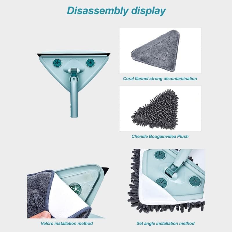 Clefairy Triangle Wall Mop,Wall Mop with Long Handle | Multifunctional 360° Rotatable Adjustable Cleaning Mop with 2 Cloth, Wet and Dry Triangular Window Mop for Bathroom - Image 3