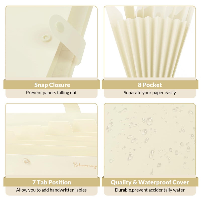 SKYDUE Expanding File Folder, Accordion File Organizer with 8 Pockets, Expandable Document Paper Receipt Holder for School Office Hospital, Letter/A4 Size Beige - Image 4
