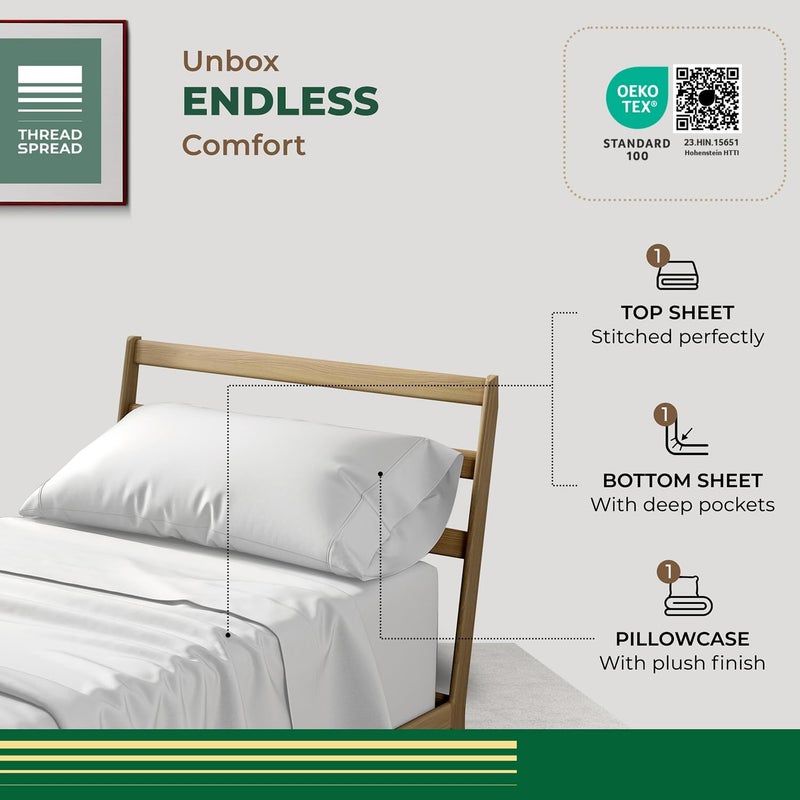 THREAD SPREAD 100% Organic Cotton Sheets Twin Size - 3 PC Organic Cotton Twin Size Percale Weave Sheet Set, Soft, Cooling, Crisp & Breathable, 16" Deep Pocket Bedding Set for Dorm Room - Light Grey - Image 3