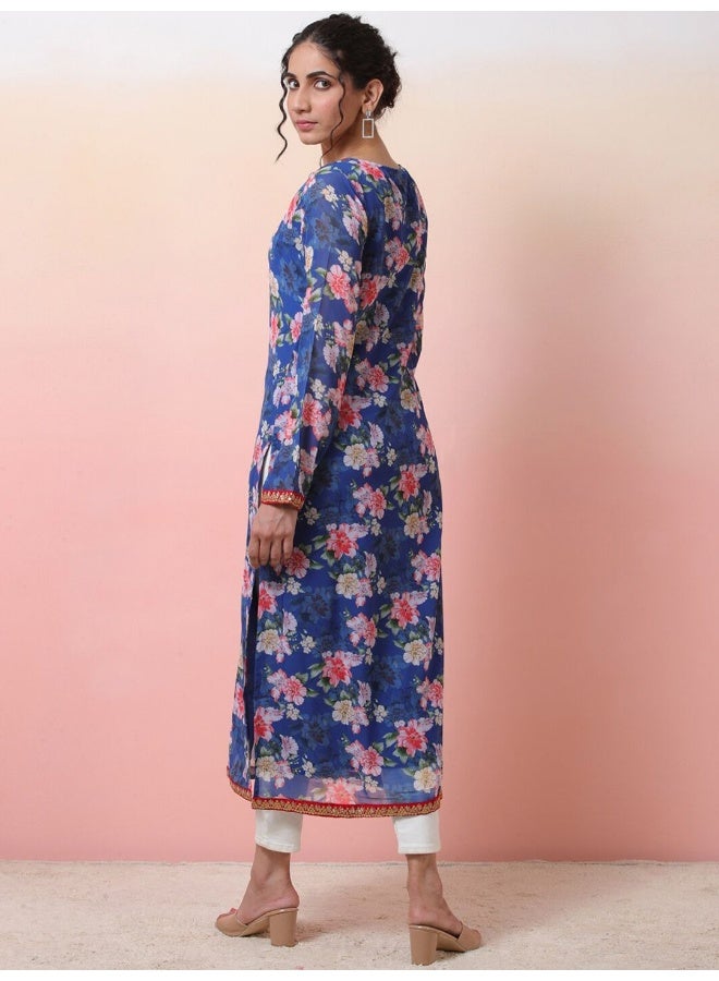 AKS Blue Digital Print Straight Kurta with lace details  - Image 5