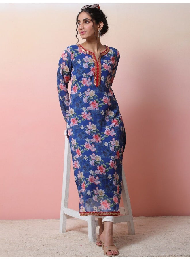 AKS Blue Digital Print Straight Kurta with lace details  - Image 4