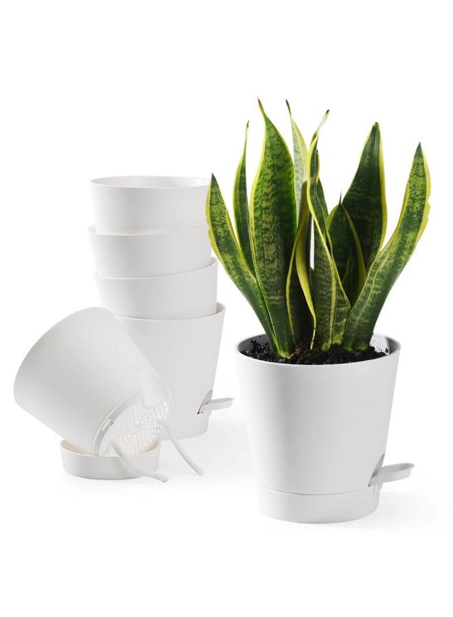 Qaobo Plant Pots 6 PCS 5 inch Self Watering Planters High Drainage Flowers Pot for Indoor Outdoor Plants with Reservoir Tray and Watering Lip Gardening Planter Garden Flower Pots, White - Image 1