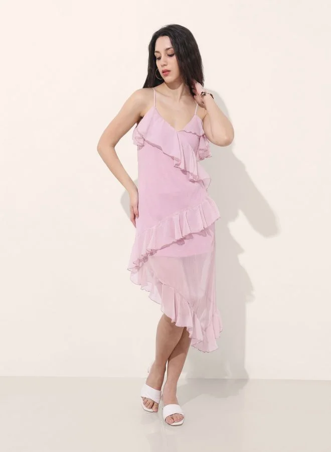 Women Fit and Flared Solid V-Neck Sleeveless Asymmetric Dress