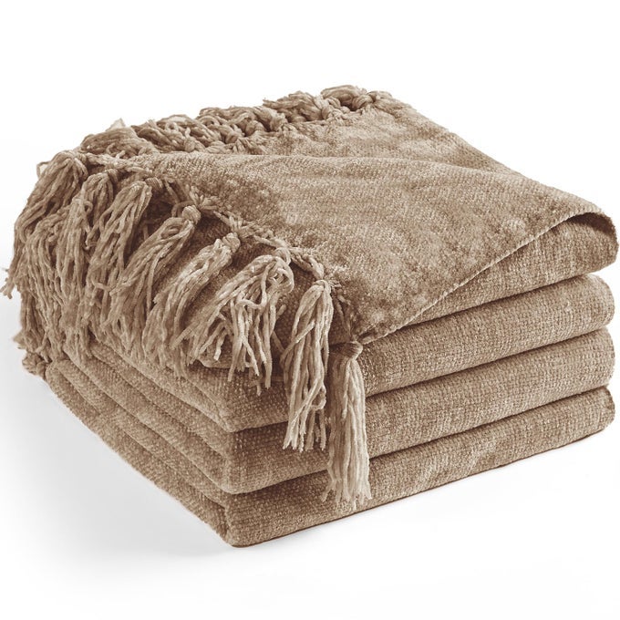 CHENILLE THROW BLANKET FOR COUCH 50X 60 SOFT COZY THROWS WITH FRINGE TASSEL FOR BED SOFA CHAIR COVER LIGHTWEIGHT KNITTED DECORATIVE BOHO BLANKETS FOR LIVING ROOM TAUPE