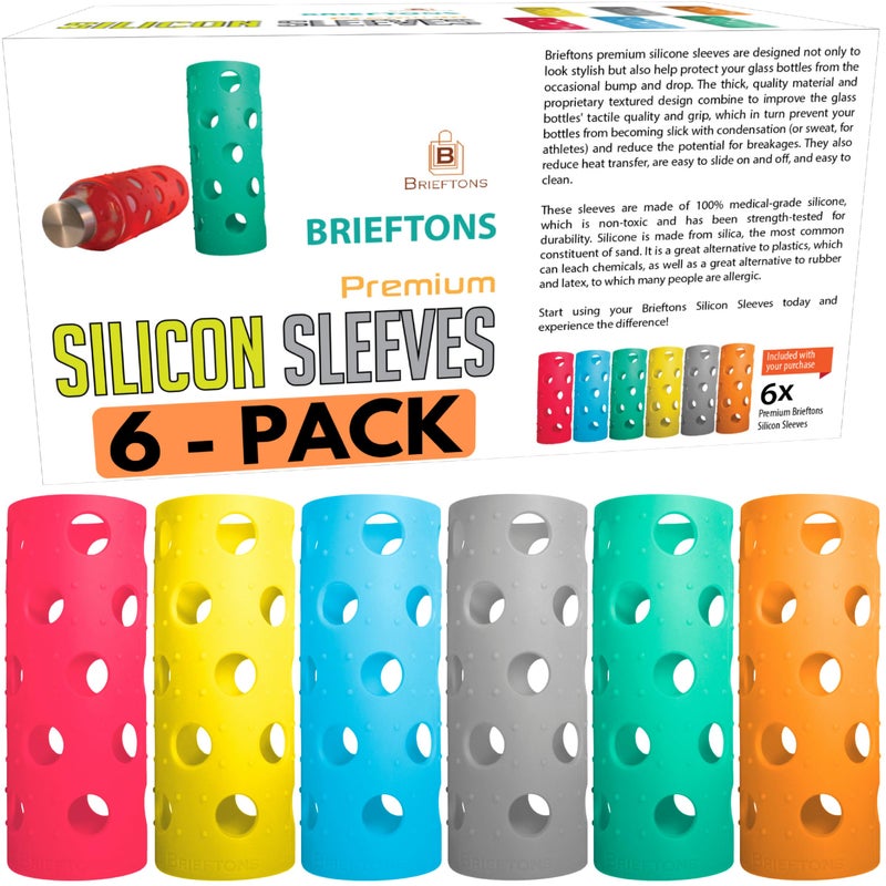 Brieftons Silicone Sleeves: 6-Pack Insulated Anti-Slip Protection Covers, Ultra Thick & Durable, Better Than Neoprene & Rubber, Also Perfect for Aquasana, Pratico Kitchen, Epica & Other Glass Bottles - Image 1