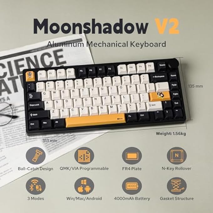 rayihni لوحة مفاتيح الألعاب MOONSHADOW V2 اللاسلكية 75% من الألمنيوم، لوحة مفاتيح ميكانيكية قابلة للبرمجة QMK&VIA، لوحة مفاتيح كريمية قابلة للتبديل الساخن BT5.0/2.4GHZ/USB-C، زر، بطارية 4000MAH (أسود) - Image 2