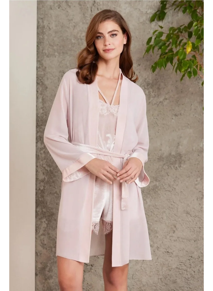 بيير كاردان 4800 Women's Lace Velvet Jumpsuit Dressing Gown Set-Powder