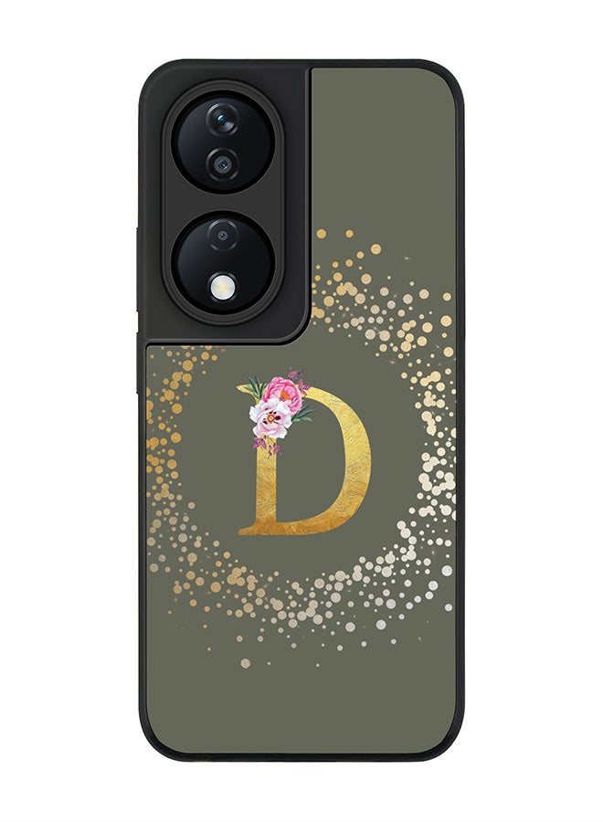 Stylizedd Rugged Black Edge Case for Honor X7b, Slim fit Case Thin Cover -  Custom Monogram Initial Letter Floral Pattern Alphabet - D  (Olive Green ) - Image 1