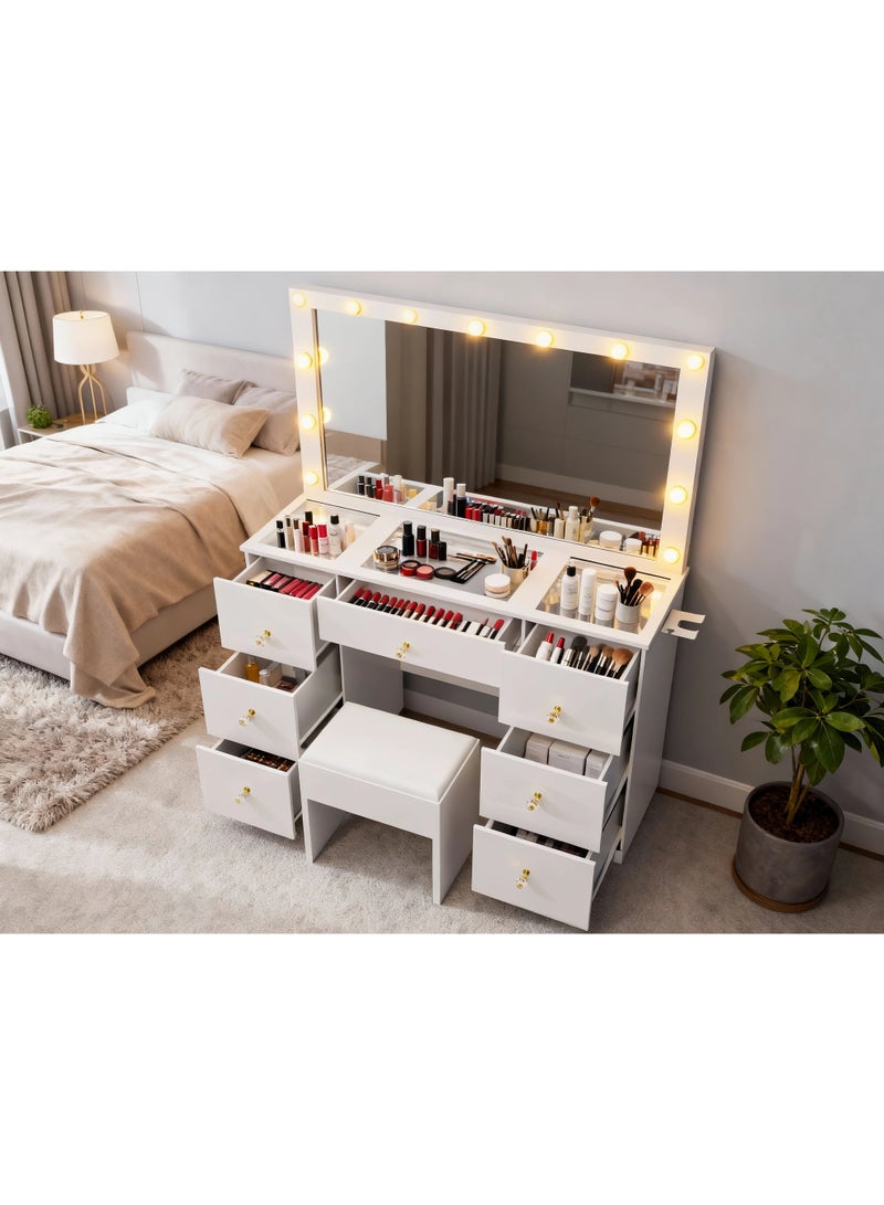 Organized Home Combination Dressing Table with Big Lighte Mirror and Power Outlet and 7 Drawers 3 Color Lighting Modes Adjustable Brightness and Soft Cushioned Stool - Image 1