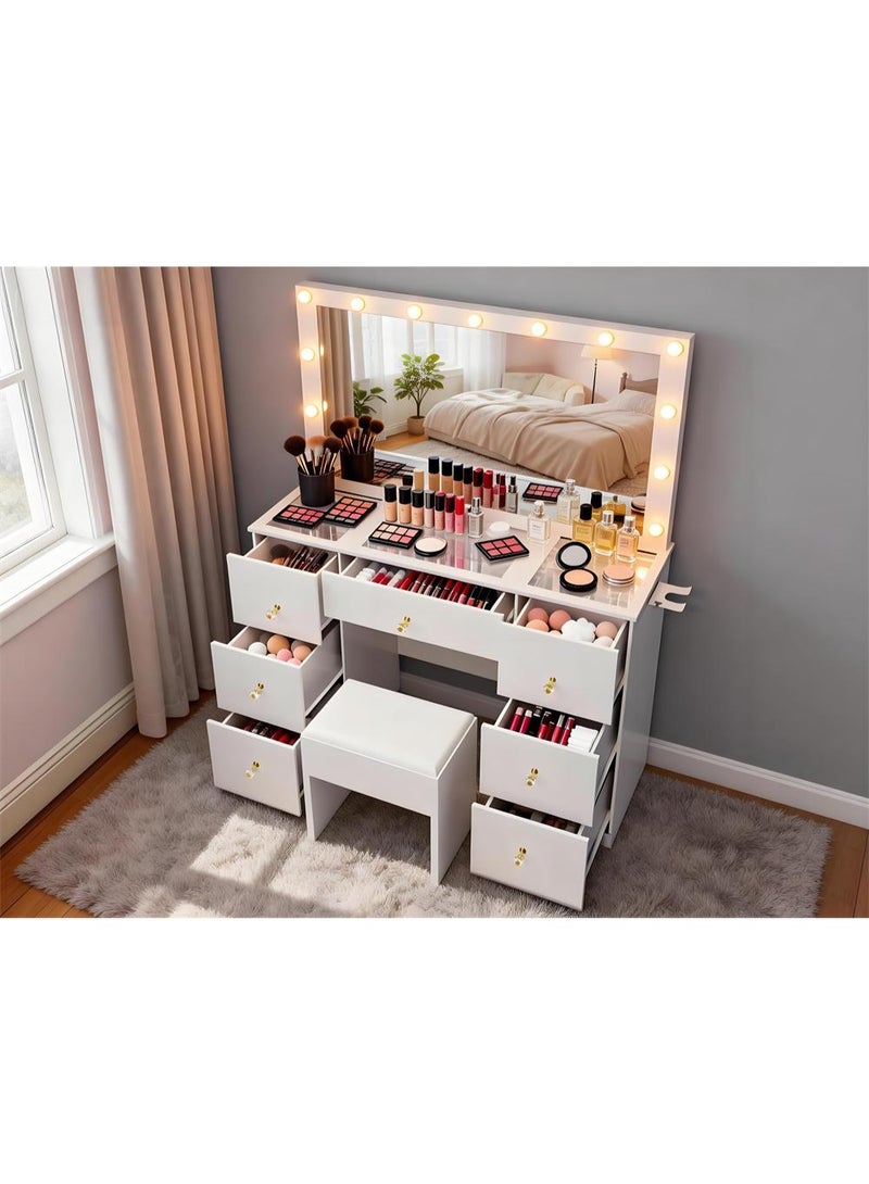 Organized Home Combination Dressing Table with Big Lighte Mirror and Power Outlet and 7 Drawers 3 Color Lighting Modes Adjustable Brightness and Soft Cushioned Stool - Image 2