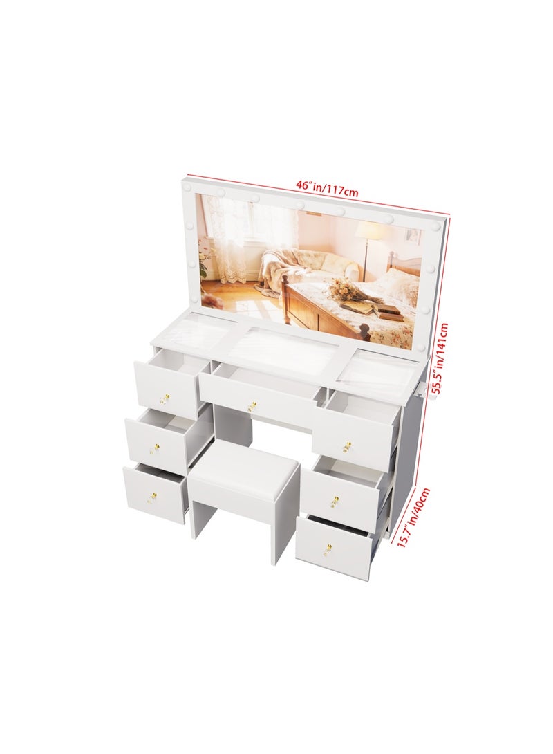 Organized Home Combination Dressing Table with Big Lighte Mirror and Power Outlet and 7 Drawers 3 Color Lighting Modes Adjustable Brightness and Soft Cushioned Stool - Image 3
