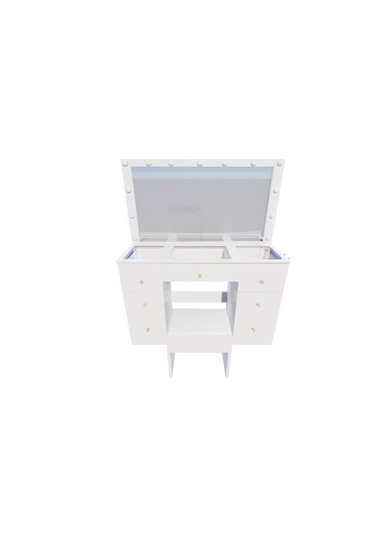 Organized Home Combination Dressing Table with Big Lighte Mirror and Power Outlet and 7 Drawers 3 Color Lighting Modes Adjustable Brightness and Soft Cushioned Stool - Image 4