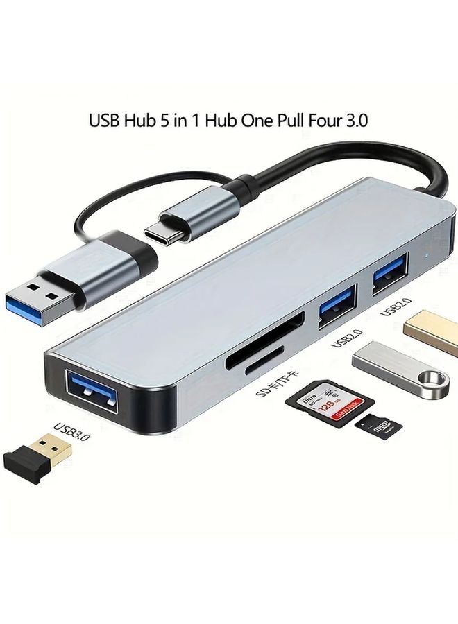 با 4 منافذ USB 3.0 من الألومنيوم مع قارئ بطاقات، متوافق مع USB Type C والأجهزة اللوحية، قابل للتشغيل الفوري، مزود طاقة 5V - Image 1