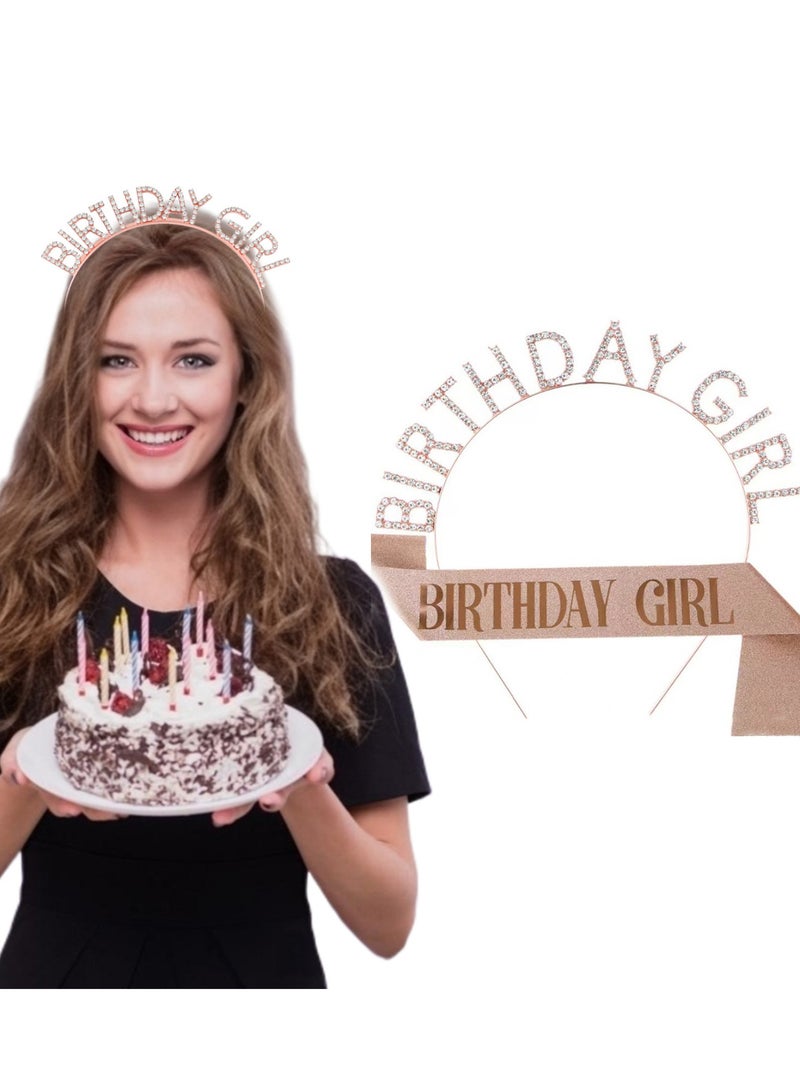 1 Set Birthday Girl Headband and Sash, Glitter Rhinestone Tiara Happy Birthday Crown Decorations  for Women Girls - Image 1