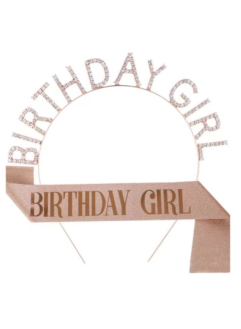1 Set Birthday Girl Headband and Sash, Glitter Rhinestone Tiara Happy Birthday Crown Decorations  for Women Girls - Image 2