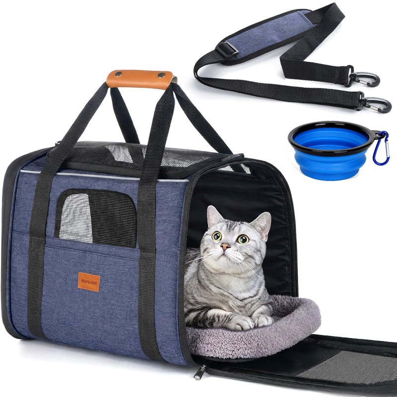 Morpilot Cat Carrier - Soft Sided Cat Carrier Large for Big Medium Cats and Puppy up to 18lbs, Pet Carrier with Safety Zippers, Foldable Bowl, Airline Approved Large Dog Carrier - Dark Blue - Image 1